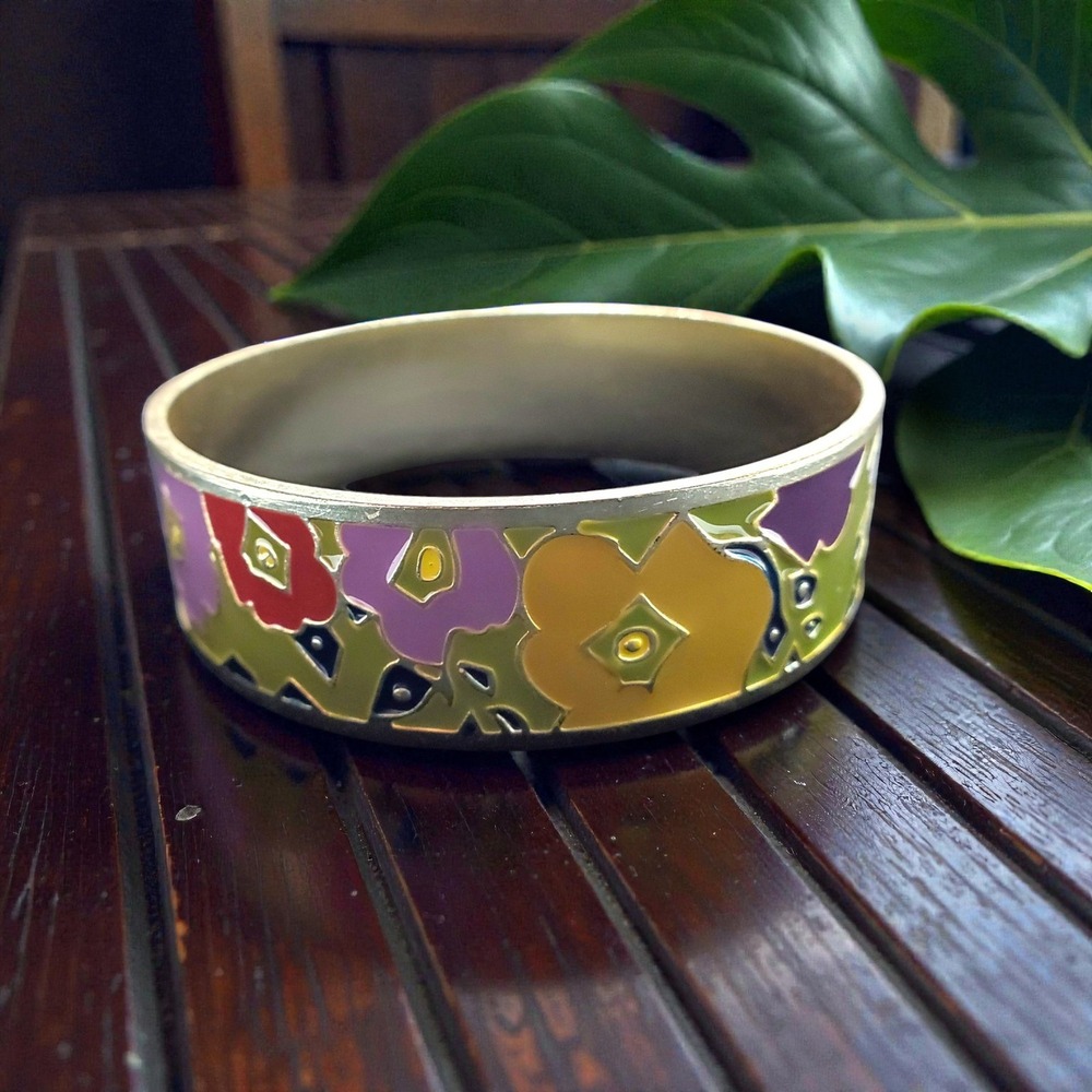Fossil Enamel Floral Bangle Bracelet Gold Tone Multi Color Flower